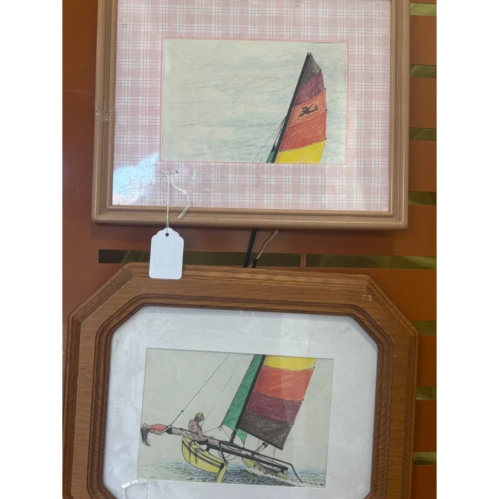 Vintage Framed Sailboat Art Set Hobie Cat Catamaran Nautical Decor 2 Pieces